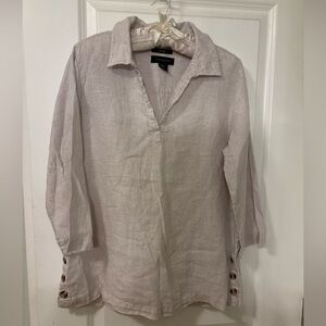 Tahari Linen Henley Neck Tunic-Gray-3/4 Sleeves-Buttons at Hem Split Sides-Large